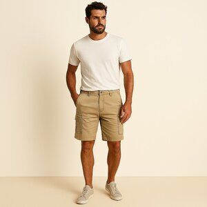 Men’s Khaki Cargo Shorts EU 42 (32/33 Waist) 100% Cotton Multi‑Pocket Utility